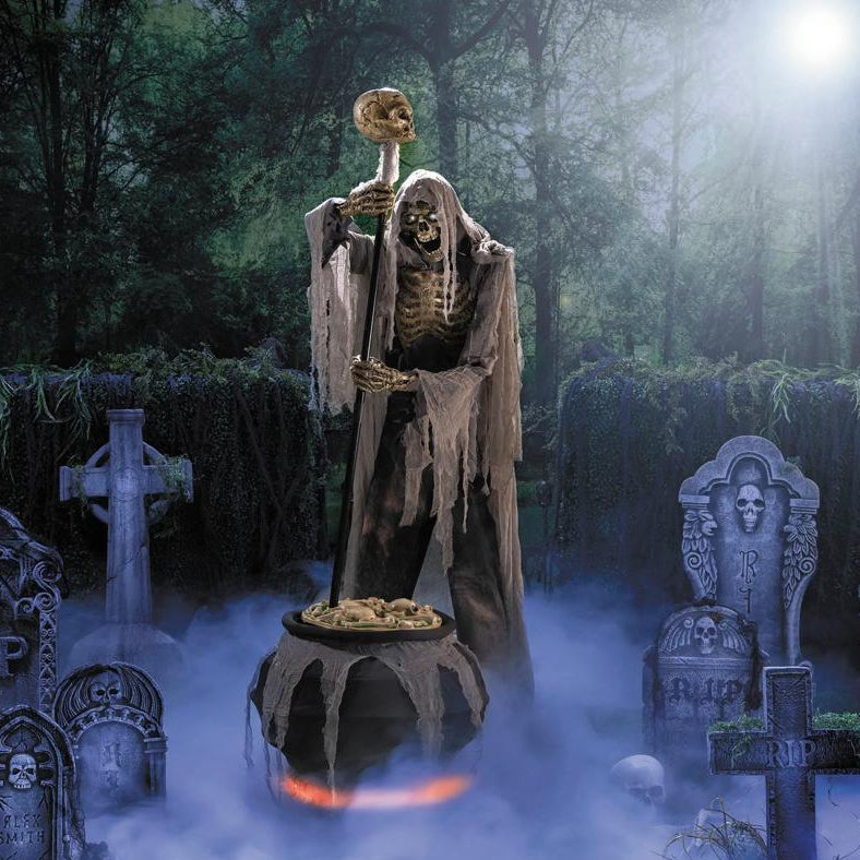 Full-length product photo of the 6 Ft. 7" Animated Light-Up Skeleton Stirring Cauldron, shown against a plain white background — posed as an animated figure, with glowing light-up details. A Halloween decoration.