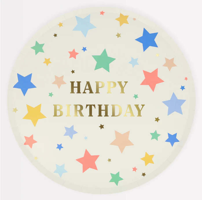Happy Birthday Stars dinner plate with gold lettering and colorful stars on a soft cream background.