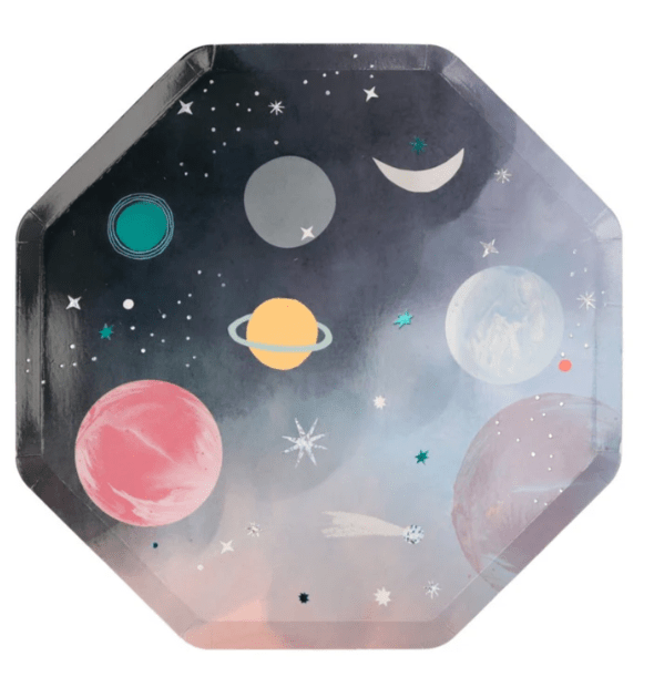 Space dinner plate with colorful planets, stars, moons, and galaxy details on an octagon-shaped plate.