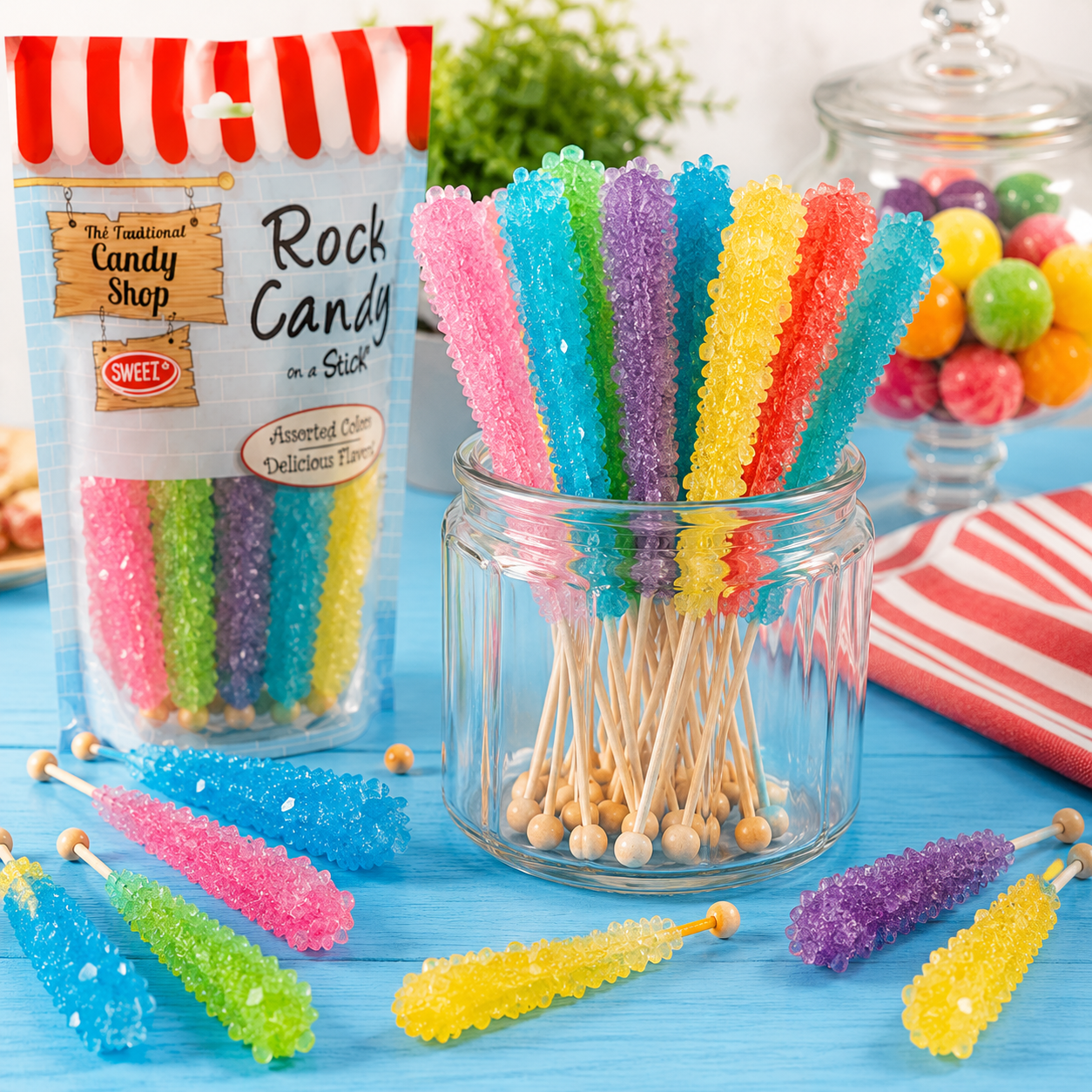 Colorful rock candy sticks in pink, blue, green, purple, yellow, and red displayed in a glass jar on a bright blue table, with matching wrapped rock candy packaging and loose candy sticks arranged around it.