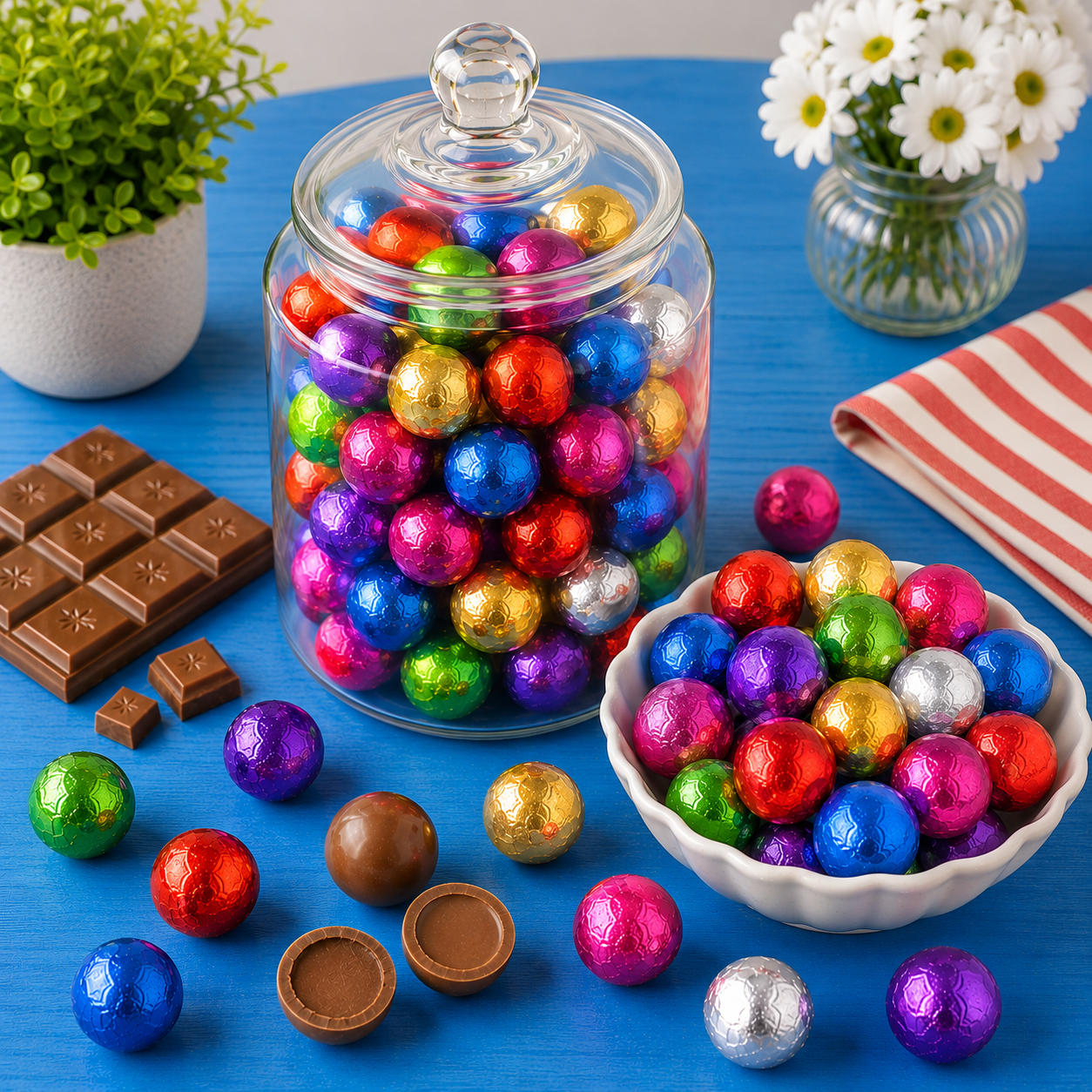 Colorful foil-wrapped milk chocolate balls in red, blue, green, pink, purple, gold, and silver displayed in a glass jar and white bowl on a bright blue table, with unwrapped chocolate pieces and a chocolate bar nearby.