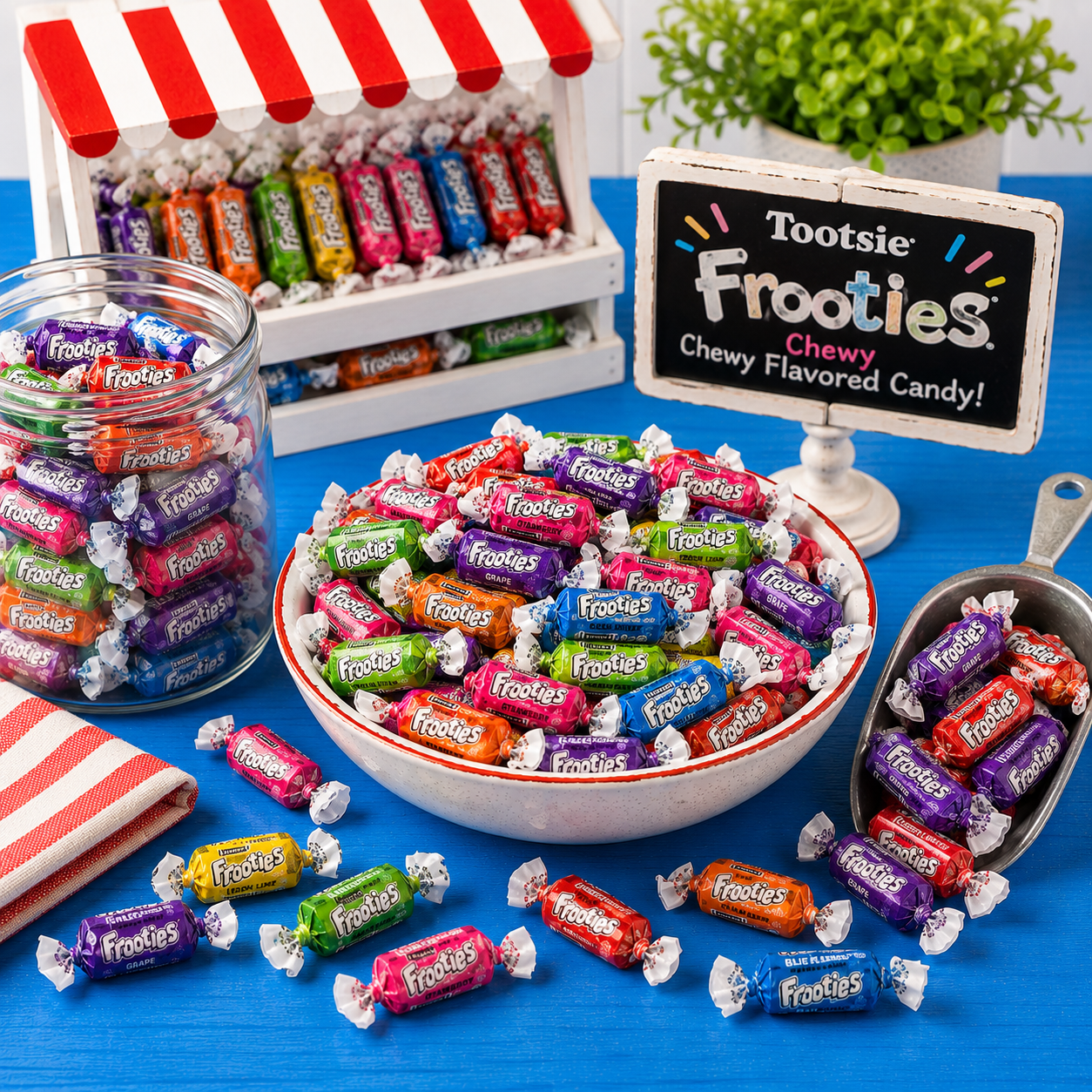 Colorful Tootsie Frooties in assorted flavors displayed in a bowl on a bright blue table, with more wrapped candies in a glass jar, market stand, and metal scoop.