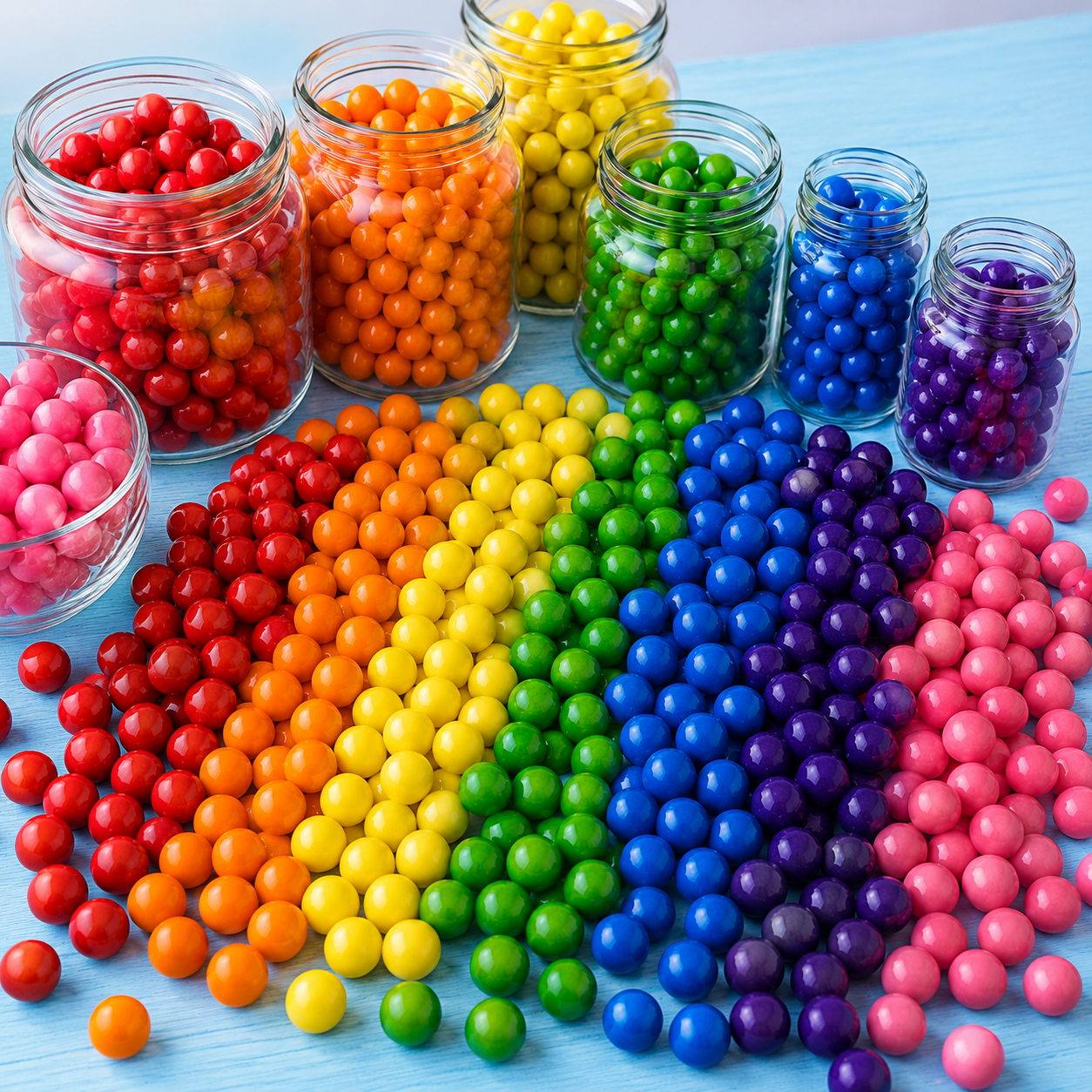 Rainbow-colored gumballs arranged in rows on a light blue tabletop, with glass jars filled with red, orange, yellow, green, blue, purple, and pink gumballs in the background.