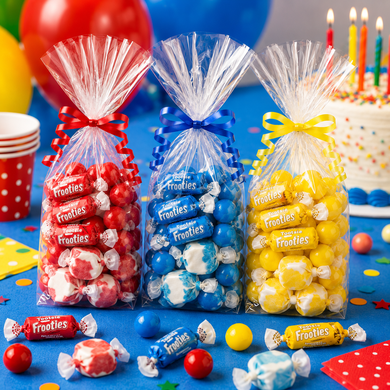 Three clear cello treat bags filled with red, blue, and yellow candy party favors, tied with matching ribbons on a bright blue birthday table with balloons, cake, and confetti in the background.
