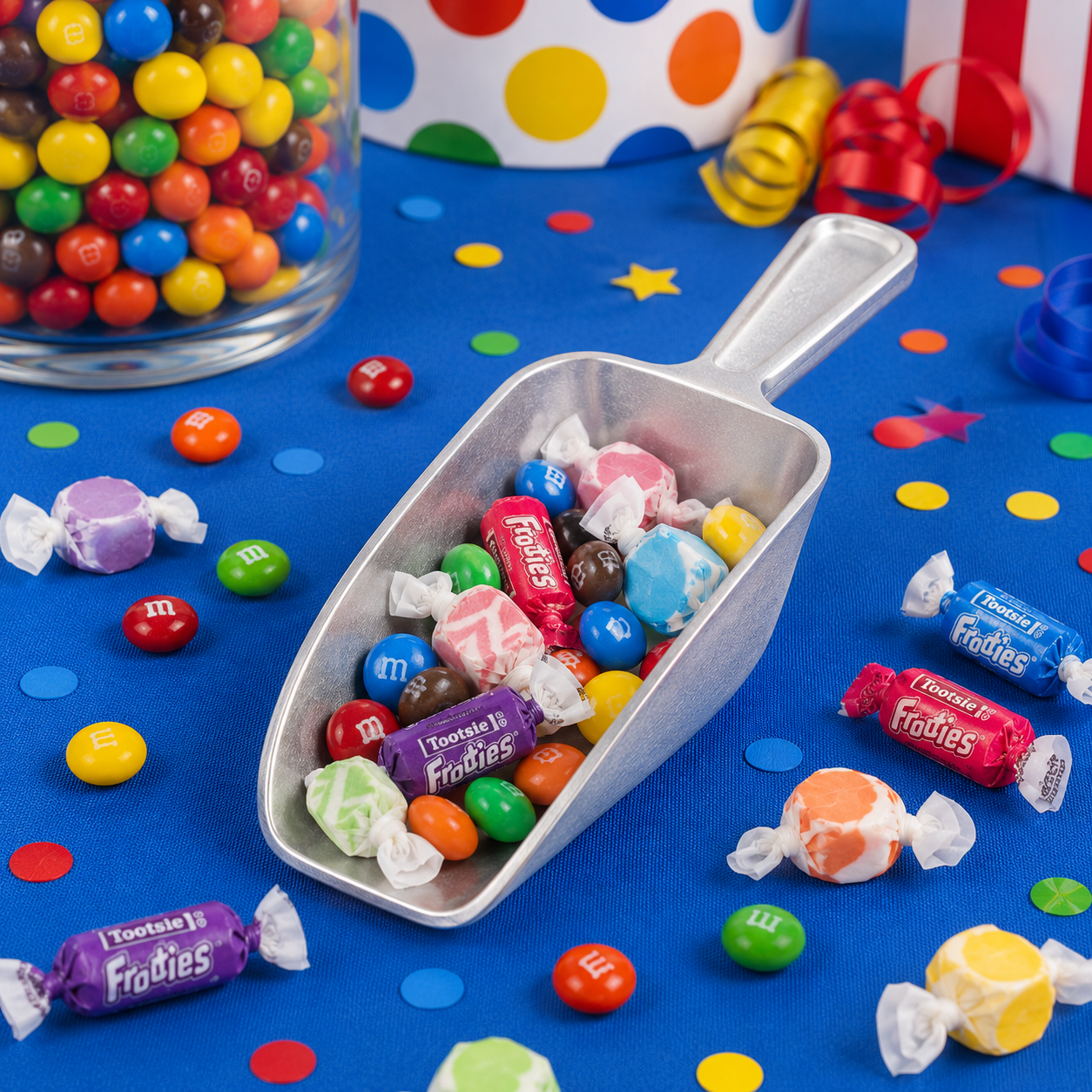 Silver candy scoop filled with a mix of colorful candy-coated chocolates, wrapped taffy, and Tootsie Frooties on a bright blue party table with scattered candy and confetti.