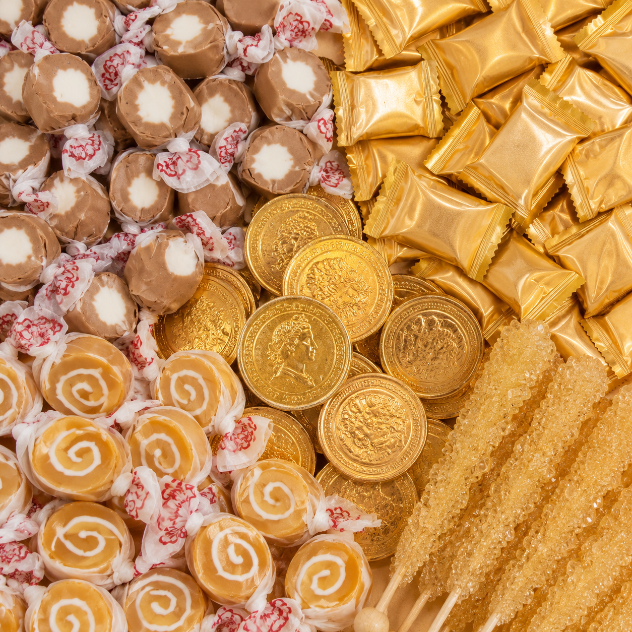 Gold candy assortment featuring caramel and swirl taffy, gold wrapped candies, chocolate coins, and gold rock candy sticks.