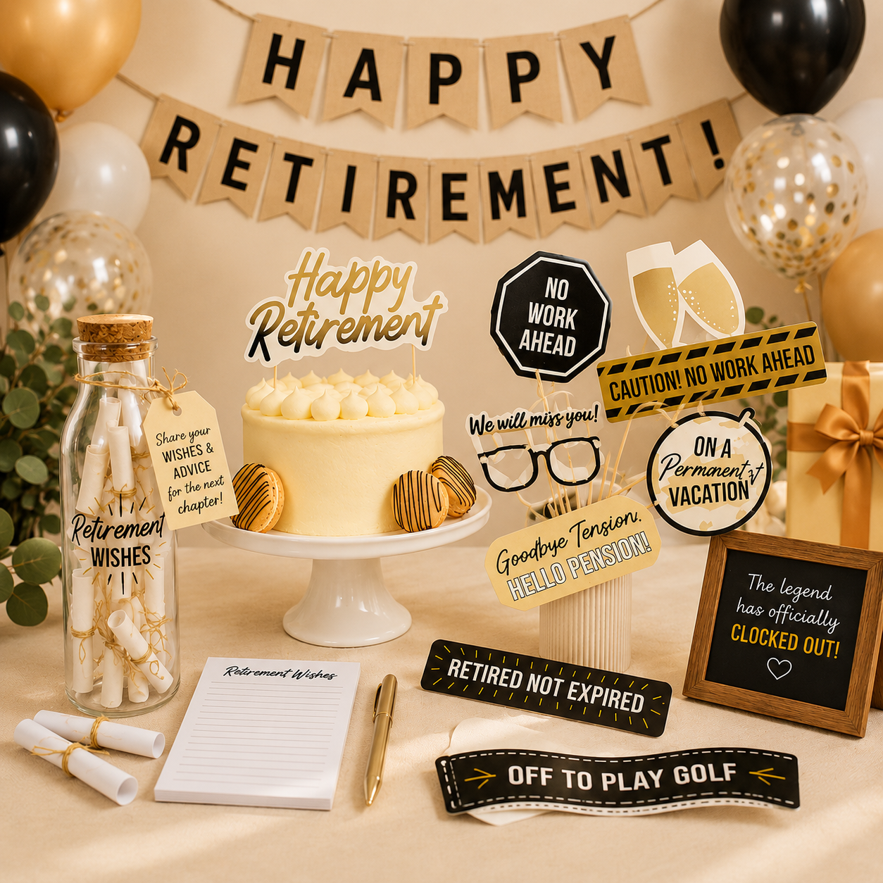 Retirement party display with a “Happy Retirement!” banner, black, gold, white, and confetti balloons, a cake, wishes jar, advice cards, themed props, gifts, and black and gold retirement signs.