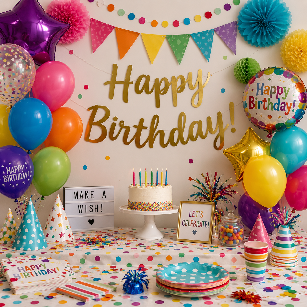 Colorful birthday party setup with a gold “Happy Birthday!” banner, bright balloons, pennant garland, cake, party hats, plates, cups, napkins, confetti, and celebration signs.