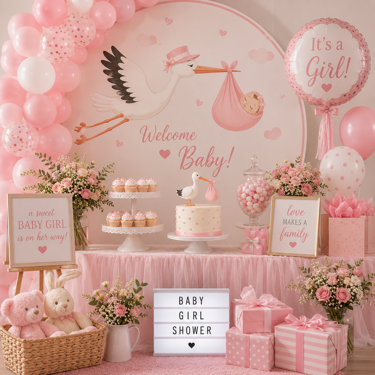 Pink baby girl shower setup featuring a stork backdrop with “Welcome Baby!” lettering, a pink balloon garland, an “It’s a Girl!” foil balloon, floral arrangements, cupcakes, a cake, wrapped gifts, plush toys, and a light-up “Baby Girl Shower” sign.
