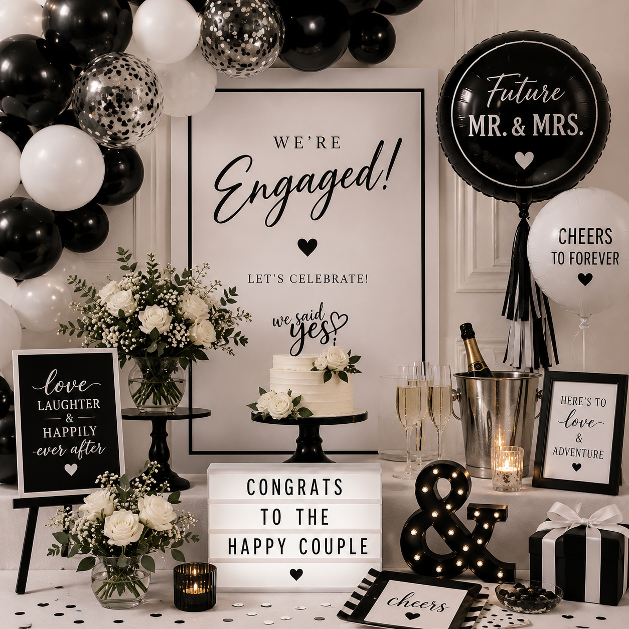 Black and white engagement party setup with a “We’re Engaged!” sign, balloon garland, future Mr. and Mrs. balloons, white roses, cake, champagne, candles, gifts, and a light-up congrats sign.