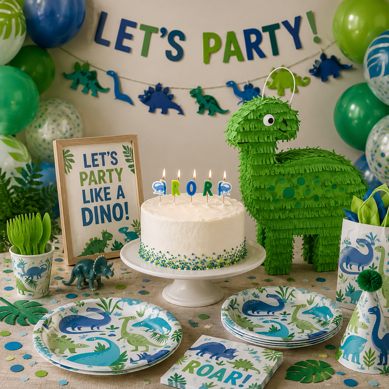 Dinosaur birthday party setup with green and blue balloons, dinosaur garlands, a green dinosaur piñata, cake with “ROAR” candles, themed plates, napkins, cups, party hats, and a “Let’s Party Like a Dino!” sign.