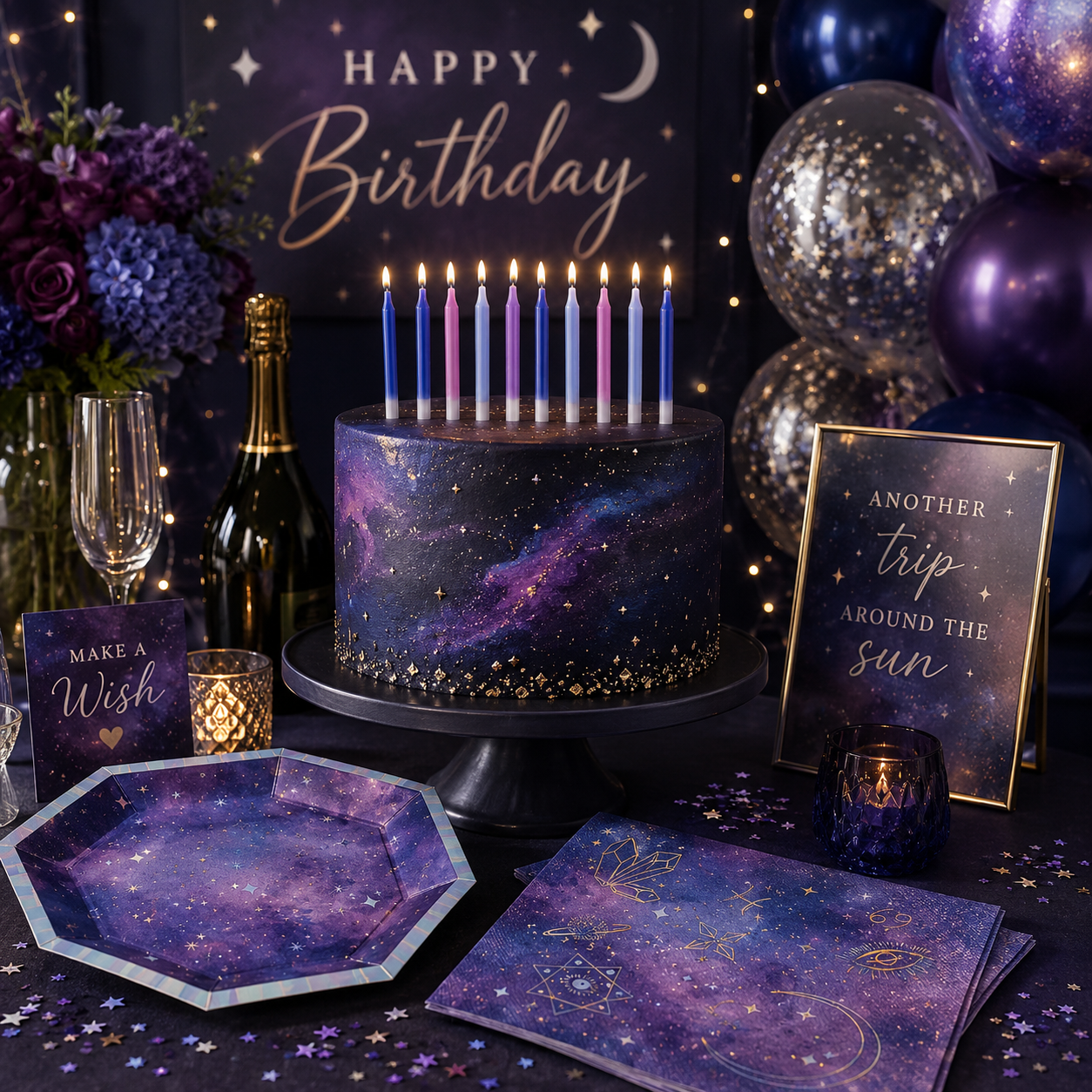 Celestial birthday party setup with a galaxy cake, lit candles, purple and navy balloons, starry plates and napkins, champagne, flowers, candles, confetti, and “Make a Wish” signs.