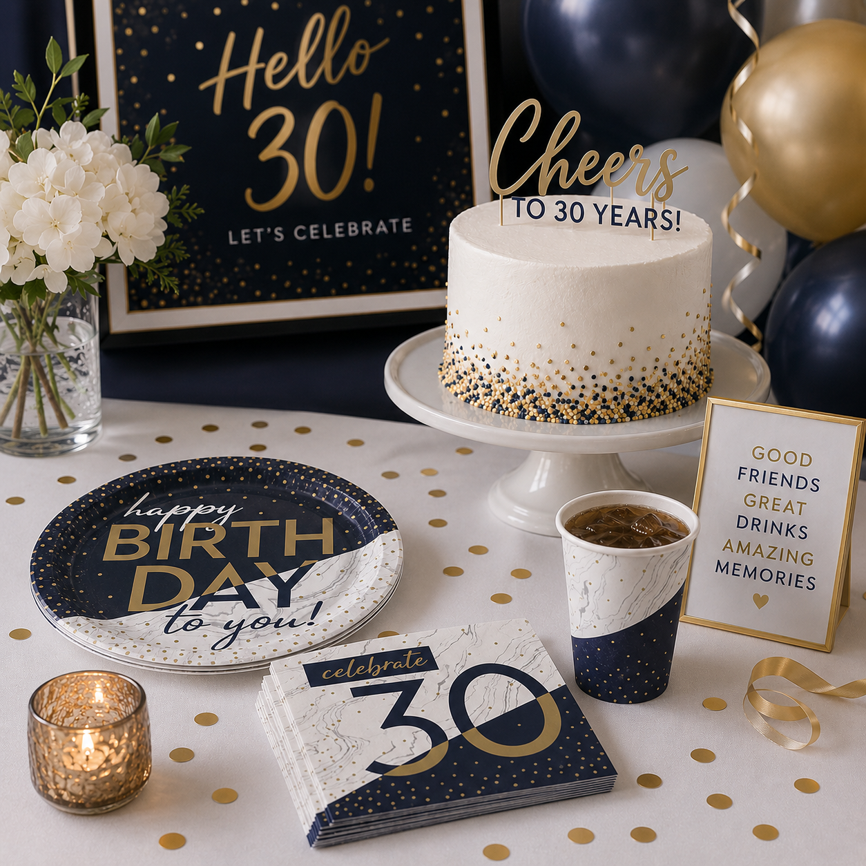 30th birthday party setup with navy, white, and gold balloons, a “Hello 30!” sign, white cake with sprinkles, matching plates, napkins, cups, gold confetti, flowers, and small celebration signs.