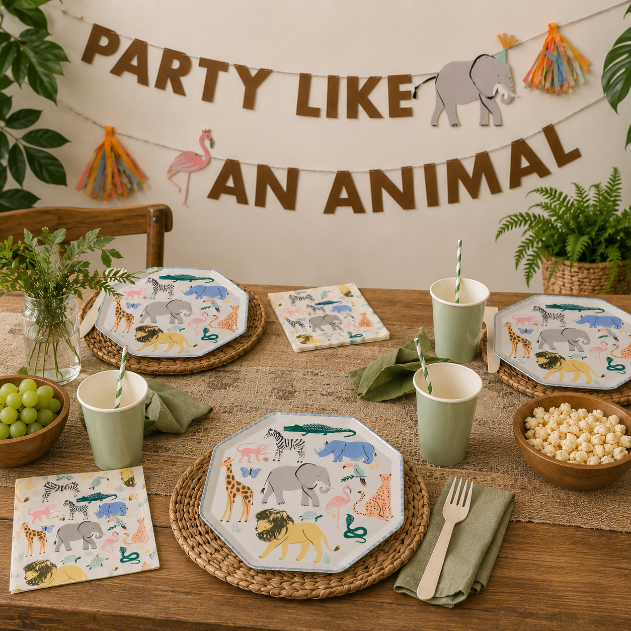 Safari animal party table with “Party Like an Animal” banner, animal-print plates and napkins, green cups, striped straws, wood cutlery, greenery, snacks, and rustic accents.
