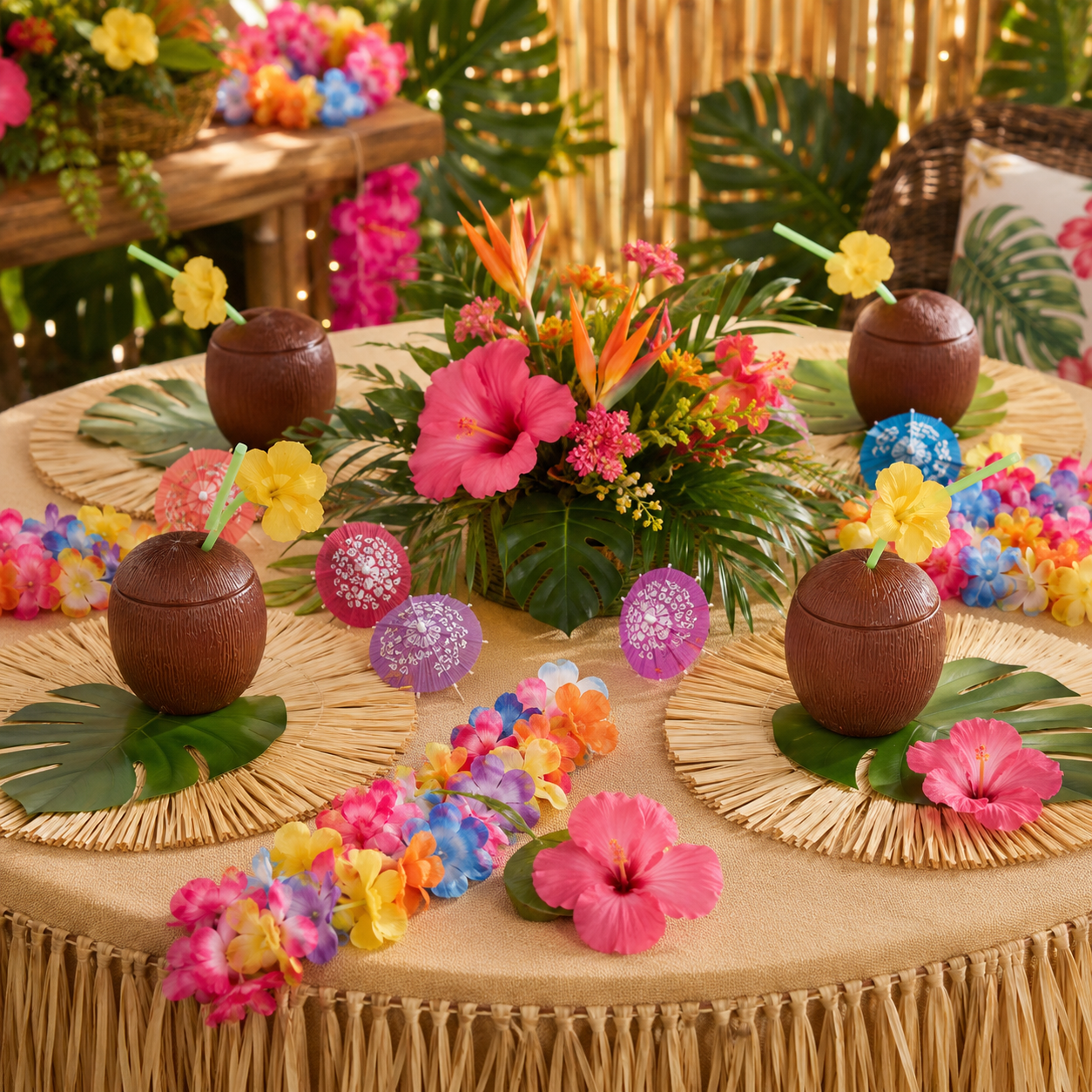 Tropical luau party table featuring coconut cups, raffia placemats, colorful leis, paper umbrellas, hibiscus flowers, tropical greenery, and a bright floral centerpiece.