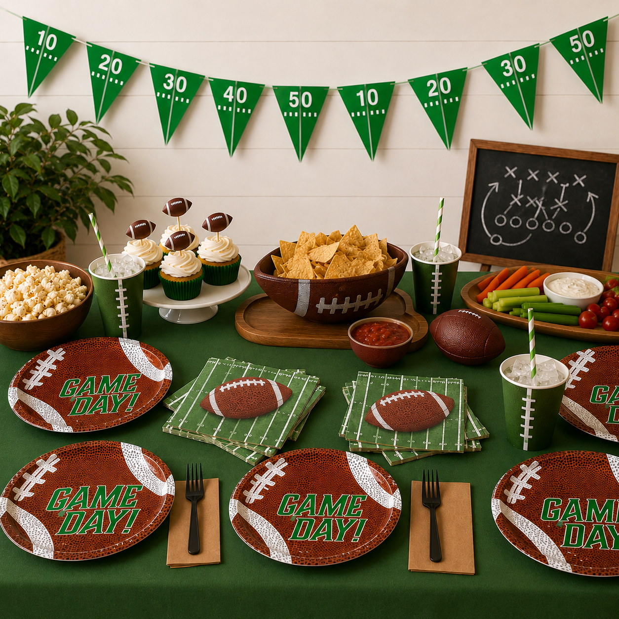 Football party table with “Game Day!” plates, field napkins, green football cups, snacks, cupcakes, goal marker banner, playbook chalkboard, and green tablecloth.