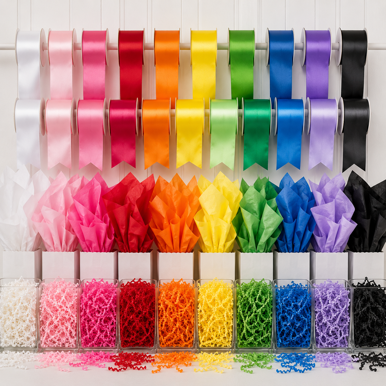 Color-coded party supply display with ribbon rolls, tissue paper, and shredded paper filler arranged by color from white and pink to red, orange, yellow, green, blue, purple, and black.