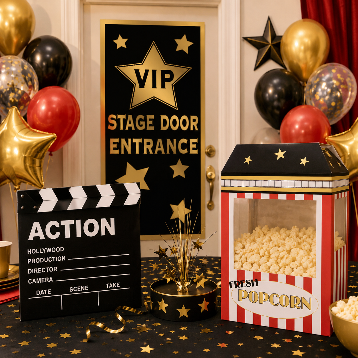 Hollywood party setup with red, black, and gold balloons, a VIP stage door sign, clapperboard prop, popcorn box, gold stars, and movie-night decorations.