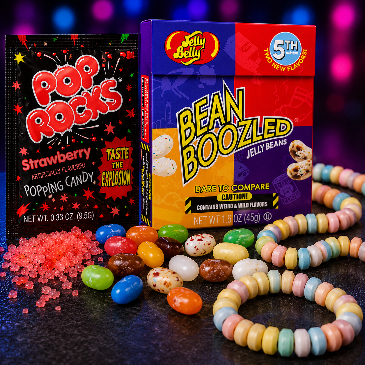 Pop Rocks and BeanBoozled candy display with jelly beans, popping candy, pastel candy bracelets, and colorful party lights in the background.
