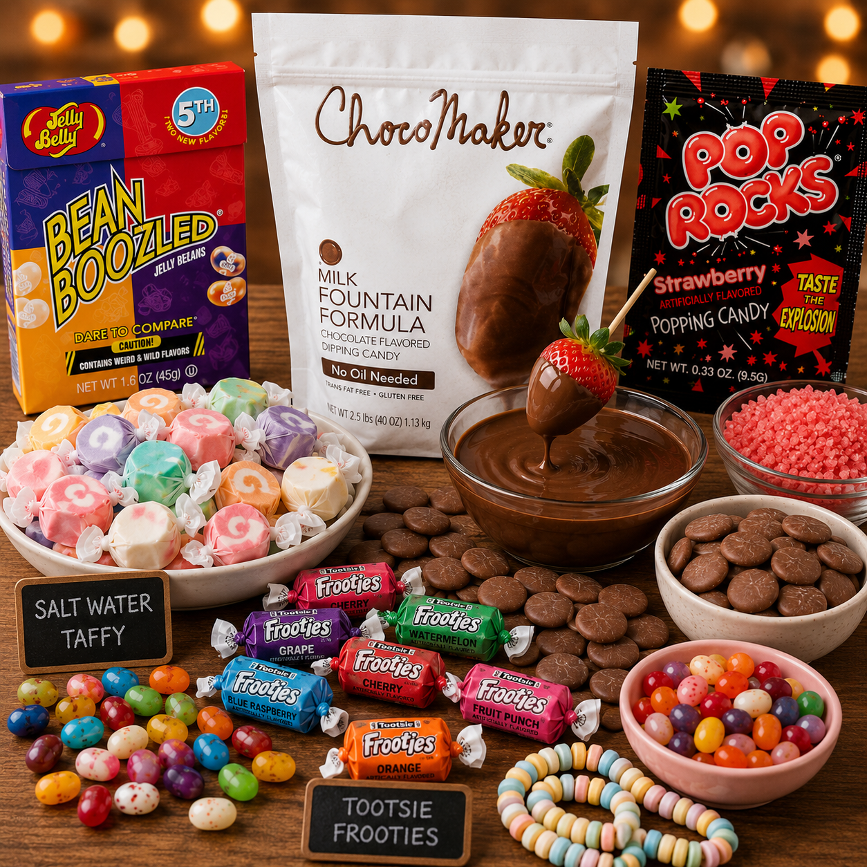 Candy table with BeanBoozled, ChocoMaker chocolate dip, Pop Rocks, salt water taffy, Tootsie Frooties, jelly beans, chocolate wafers, and dipped strawberries.