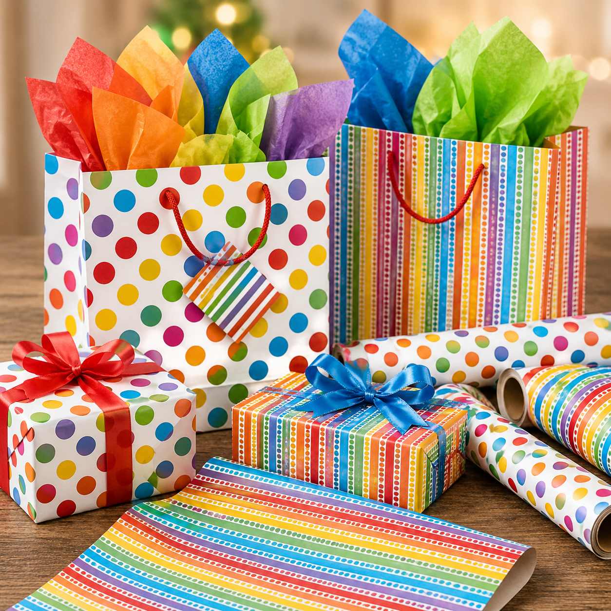 Colorful birthday gift wrap and bags with rainbow polka dot and striped patterns, bright tissue paper, wrapped presents, ribbon bows, and matching wrapping paper rolls.