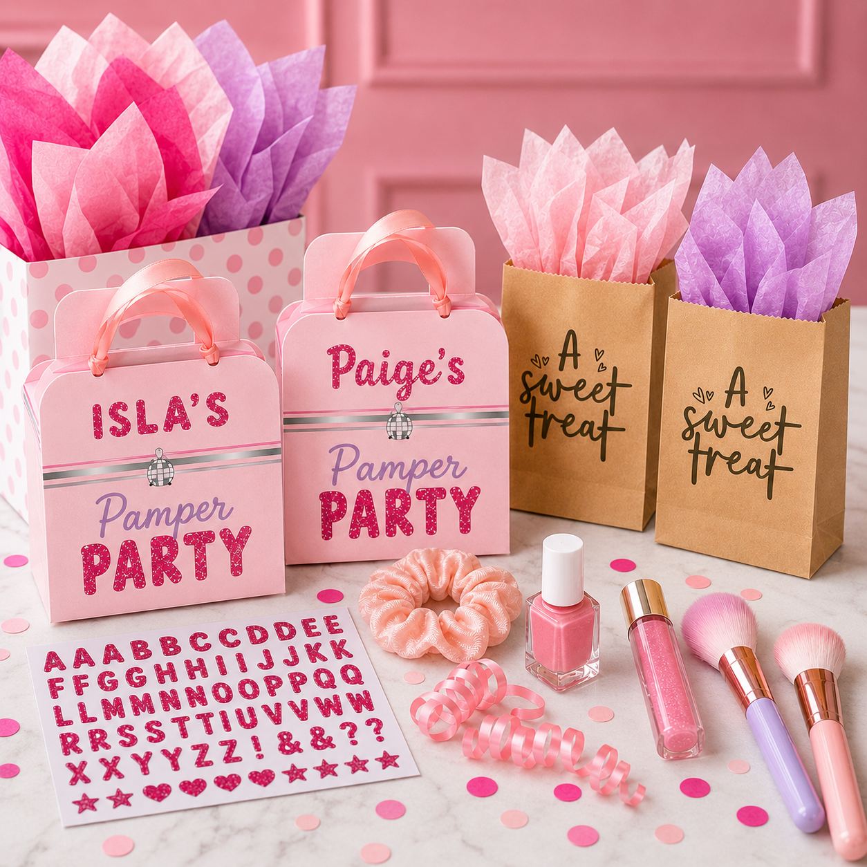 Pink pamper party favors with personalized favor boxes, “A Sweet Treat” bags, pink and purple tissue paper, glitter letter stickers, nail polish, lip gloss, makeup brushes, scrunchie, ribbon, and confetti.