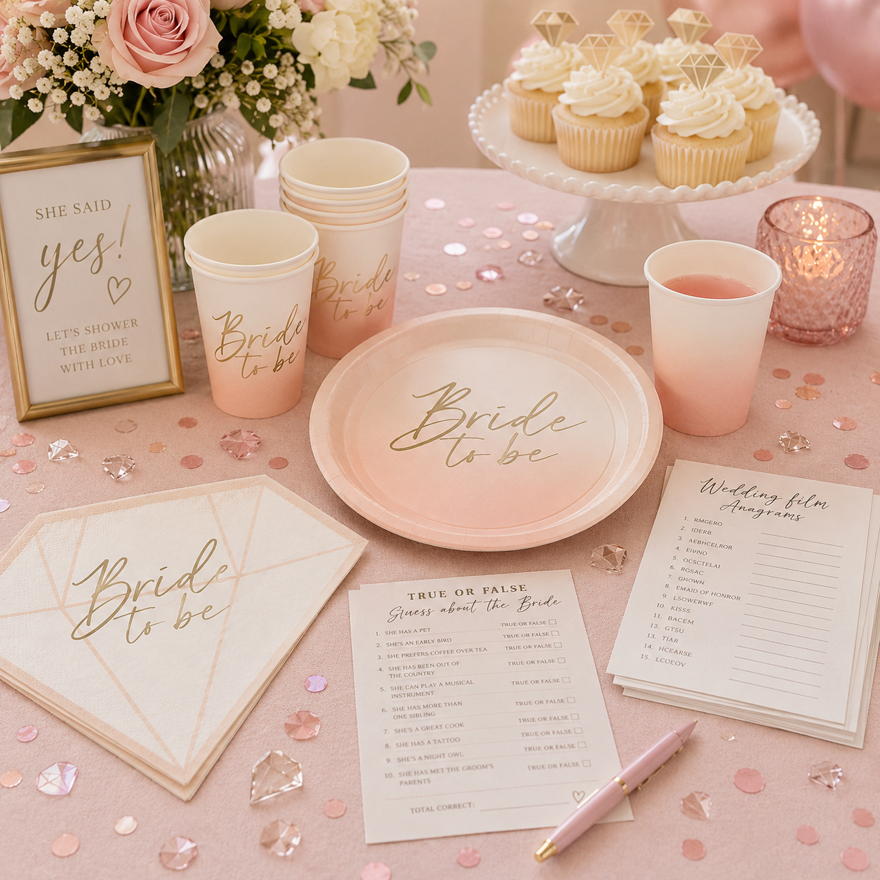 Blush bride-to-be shower table with pink and gold plates, cups, napkins, bridal shower games, cupcakes with diamond toppers, flowers, candles, confetti, and “She Said Yes!” sign.