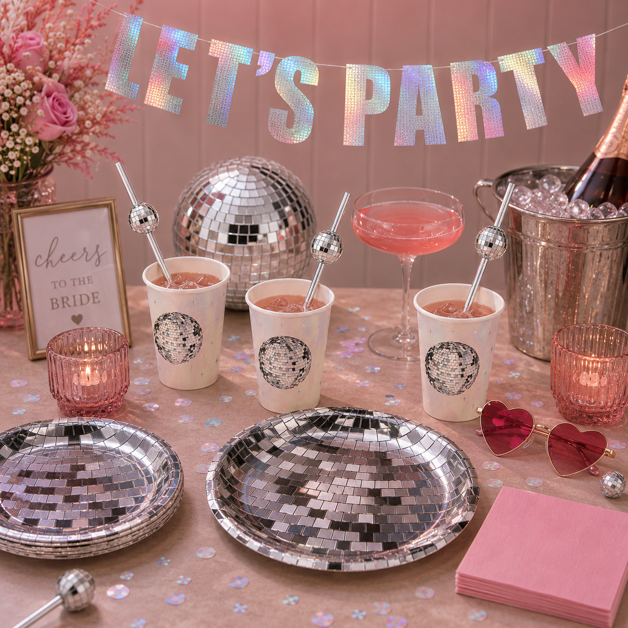Disco bachelorette party table with holographic “Let’s Party” banner, mirror ball plates and cups, disco ball straws, pink drinks, champagne, candles, confetti, heart sunglasses, and blush party decor.
