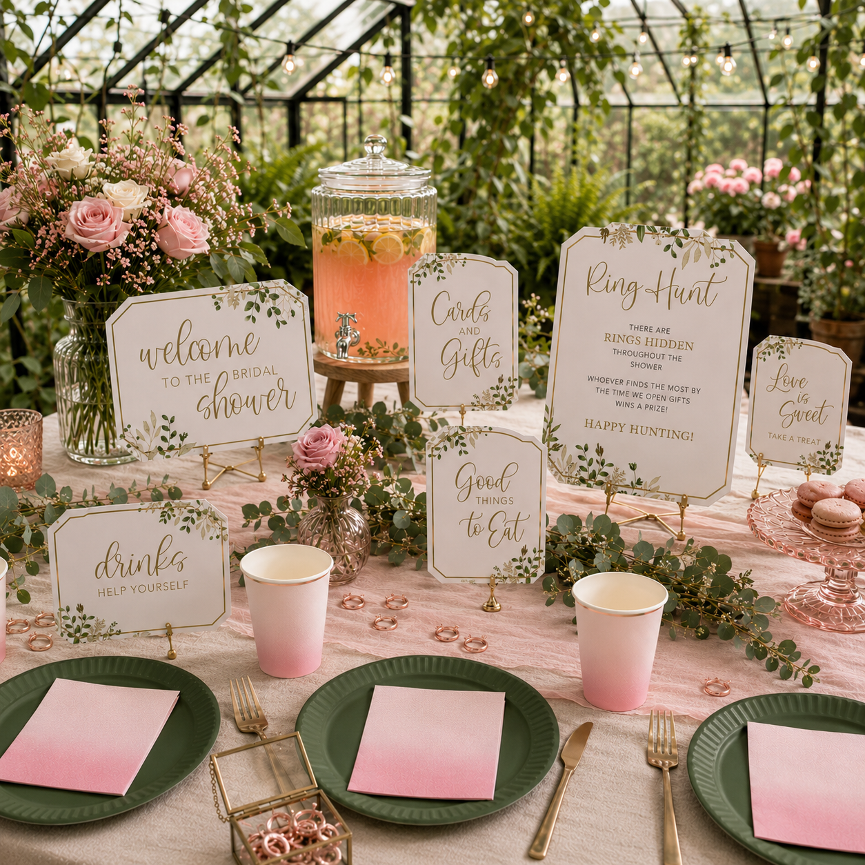 Bridal shower table with greenery signs, pink cups, green plates, blush napkins, floral arrangements, lemonade dispenser, macarons, candles, and ring hunt game decor.