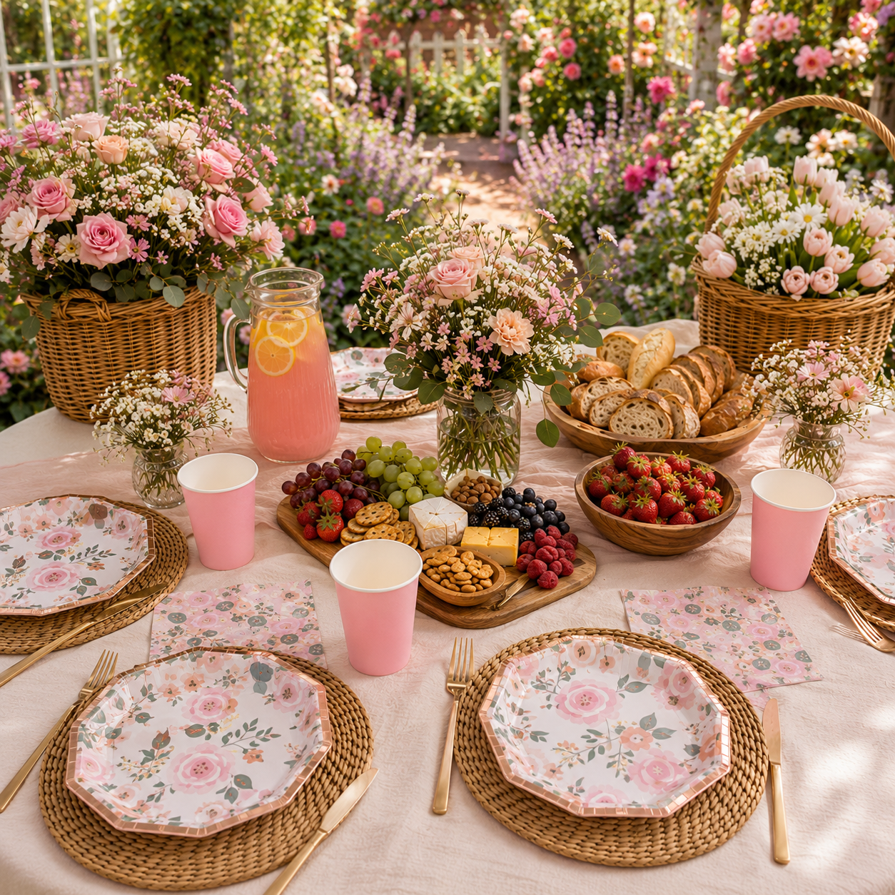 Garden party table with floral plates and napkins, pink cups, woven chargers, gold cutlery, fresh flowers, lemonade, fruit, bread, and charcuterie in a blooming outdoor setting.