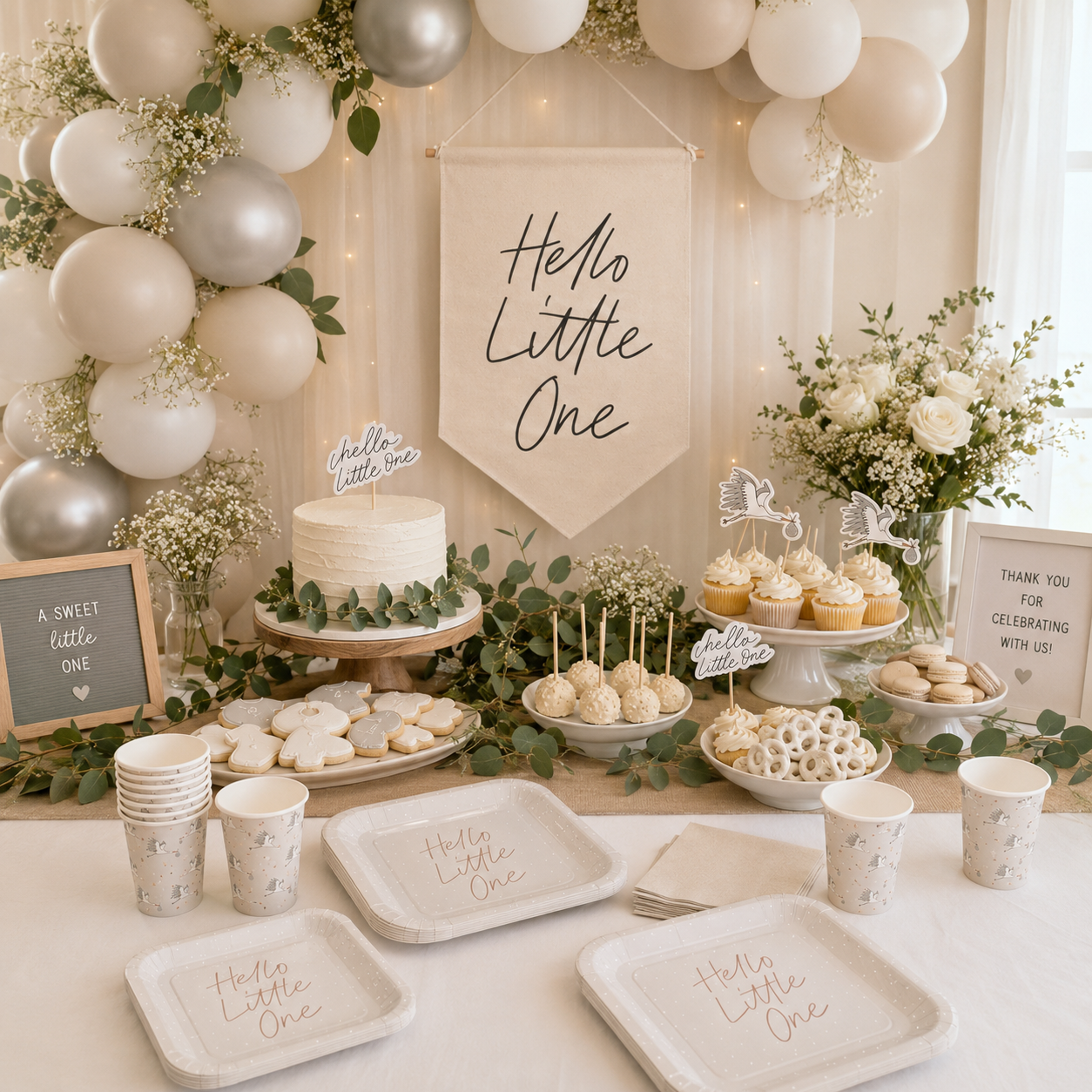 Neutral “Hello Little One” baby shower dessert table with cream and silver balloon garland, white floral arrangements, cake, cupcakes, cookies, beige napkins, matching plates and cups, and soft greenery accents.