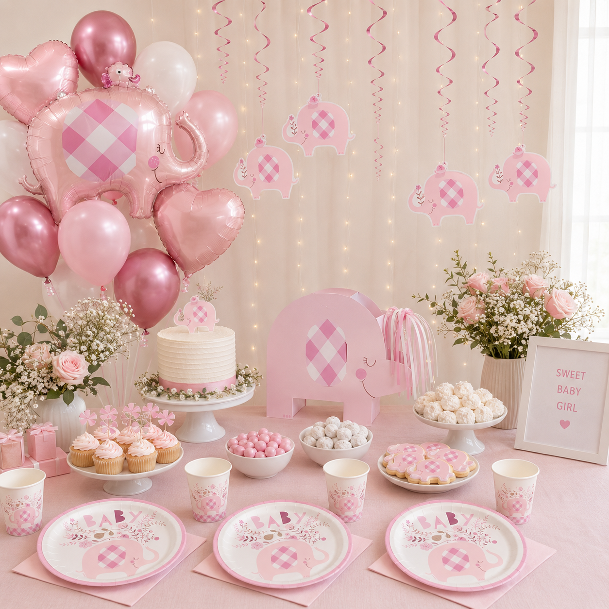 Pink elephant baby shower setup with matching plates and cups, pink balloons, elephant cutouts, cake, cupcakes, cookies, candy, white florals, and “Sweet Baby Girl” sign.