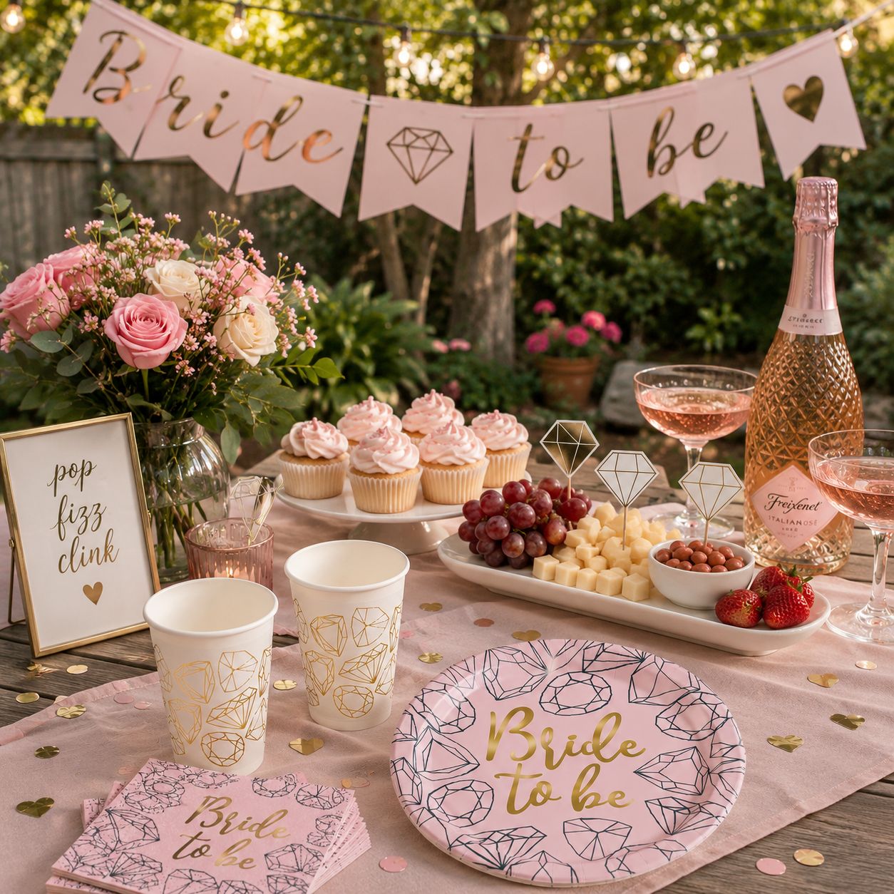 Bachelorette garden party table with blush banner, pink roses, cupcakes, sparkling rosé, diamond cups and plates, gold confetti, and outdoor string lights.