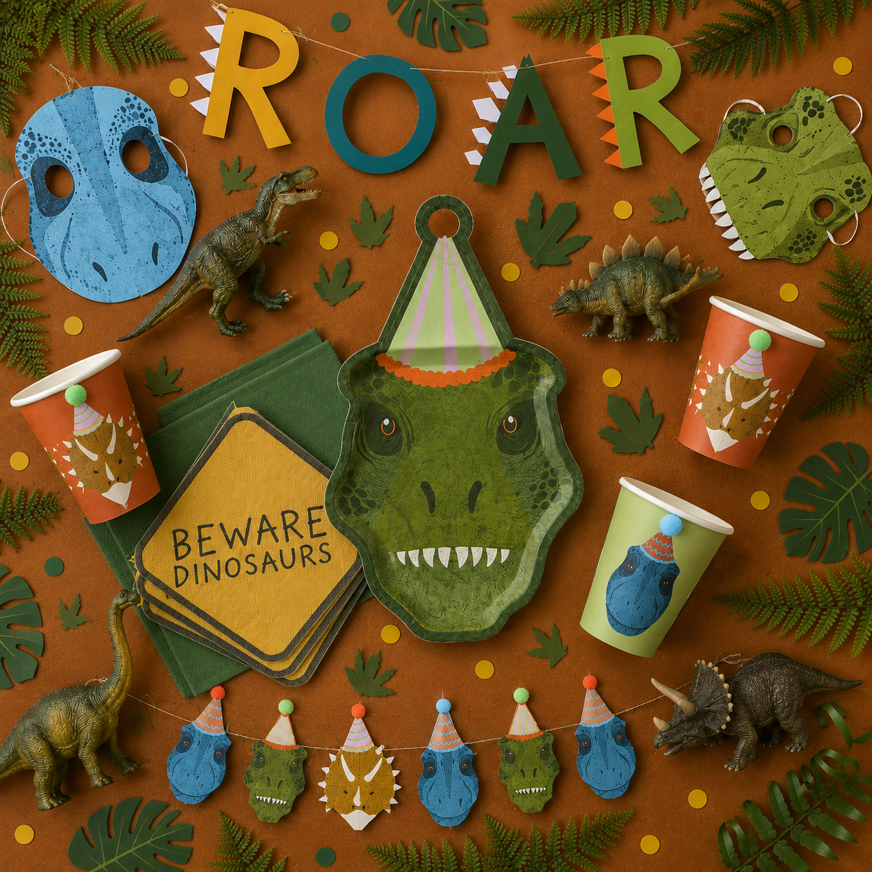 Dinosaur party setup with “ROAR” banner, dinosaur masks, themed cups, napkins, dinosaur face plate, toy dinosaurs, leafy decorations, confetti, and jungle-style garland.