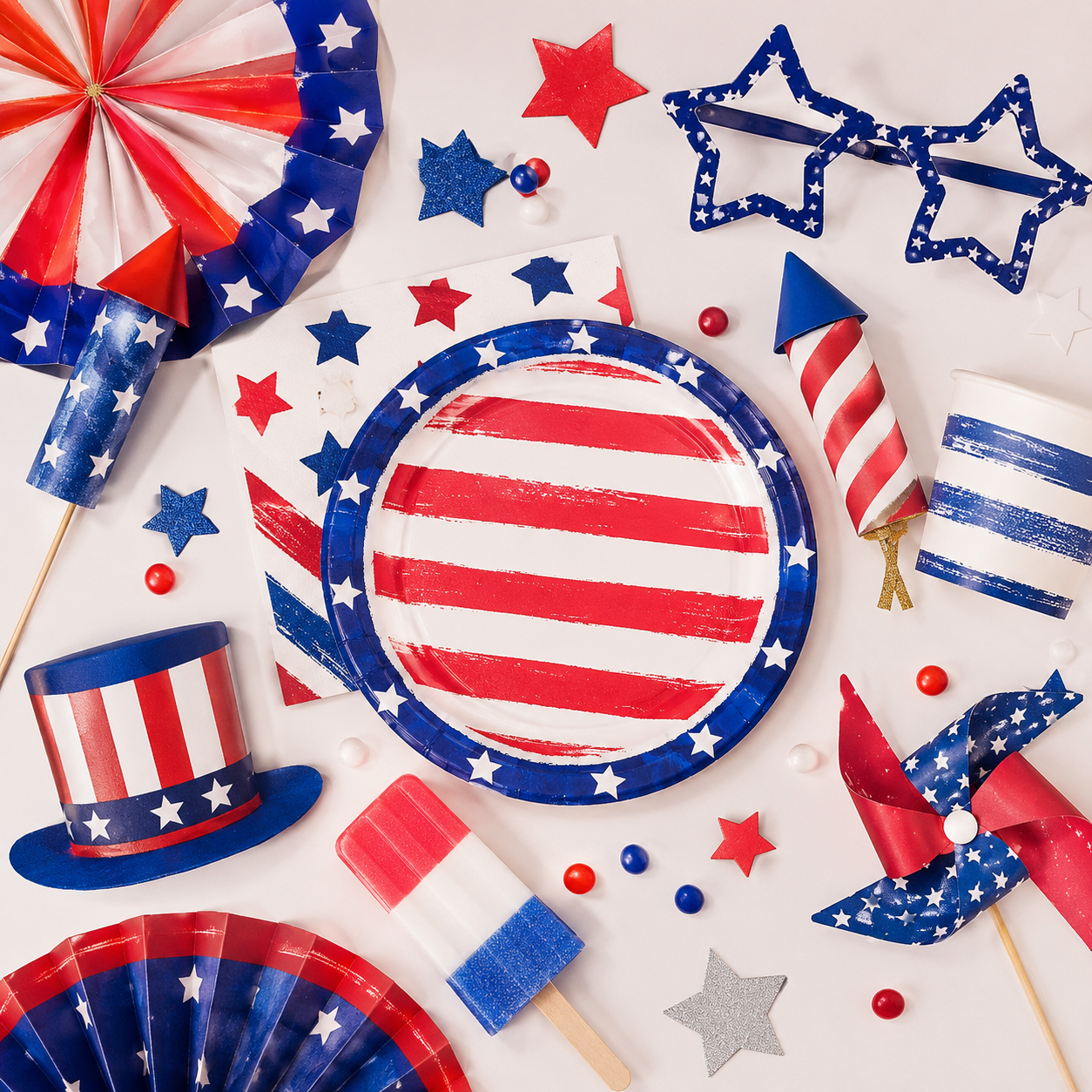 Patriotic party setup with red, white, and blue striped plate, star sunglasses, paper fans, rocket and pinwheel decorations, Uncle Sam hat, confetti stars, and popsicle prop.