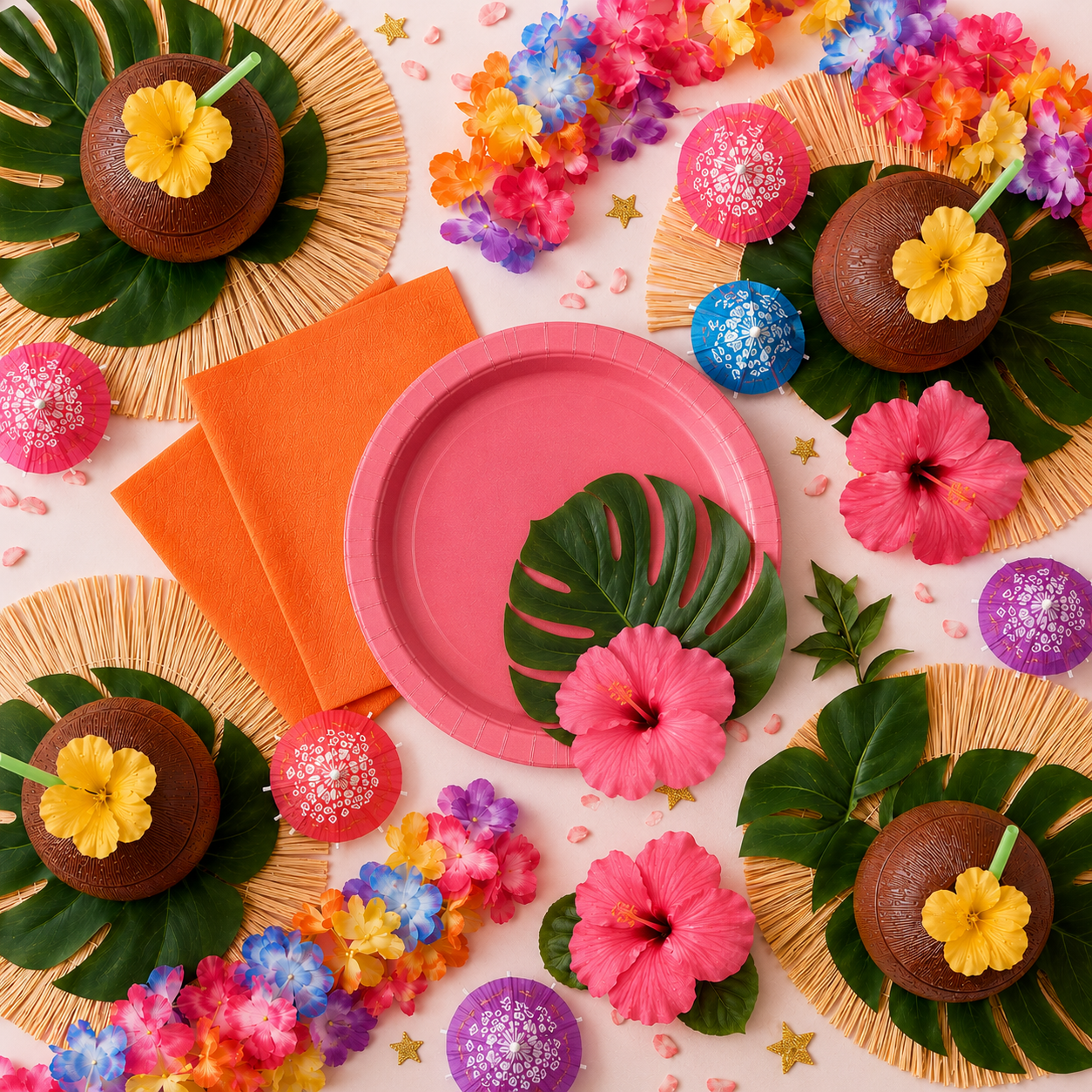 Tropical luau party setup with coconut cups, raffia placemats, orange napkins, pink hibiscus flowers, colorful leis, paper umbrellas, monstera leaves, and gold star confetti.