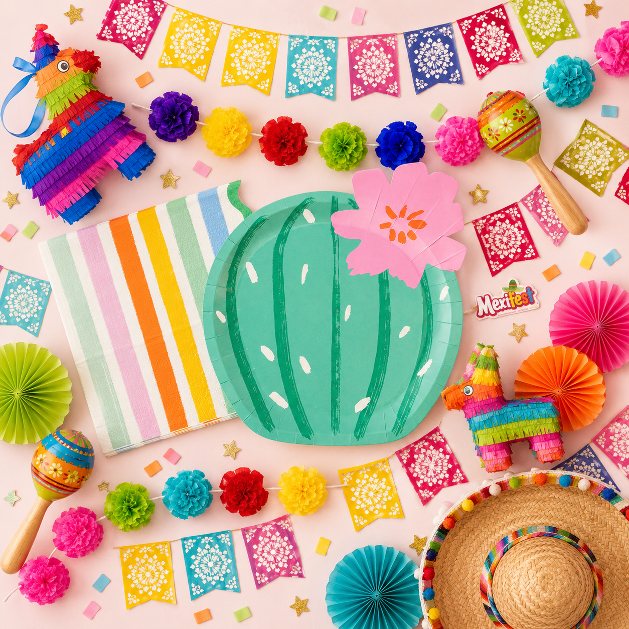 Fiesta party setup with cactus plate, striped napkins, colorful papel picado banners, piñatas, maracas, sombrero, tissue pom garlands, confetti, and bright Mexican-inspired decorations.