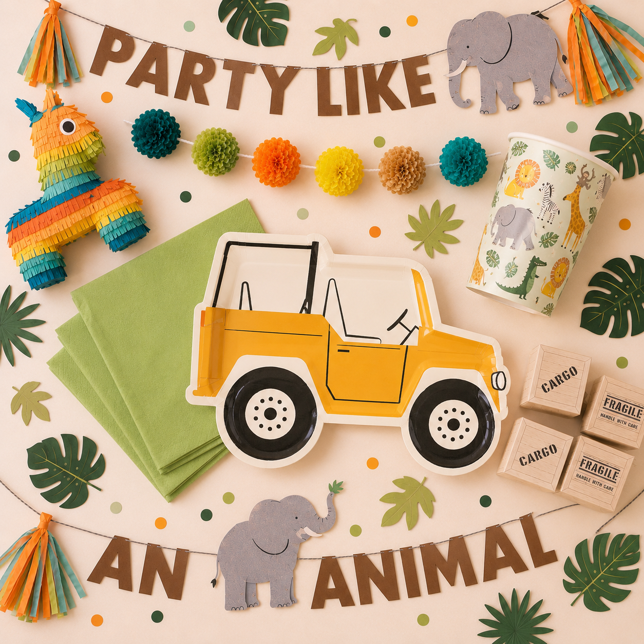 Safari party setup with “Party Like an Animal” banner, colorful piñata, honeycomb garland, jeep-shaped plate, animal cup, green napkins, elephant cutouts, cargo boxes, leaf decor, and tassels.