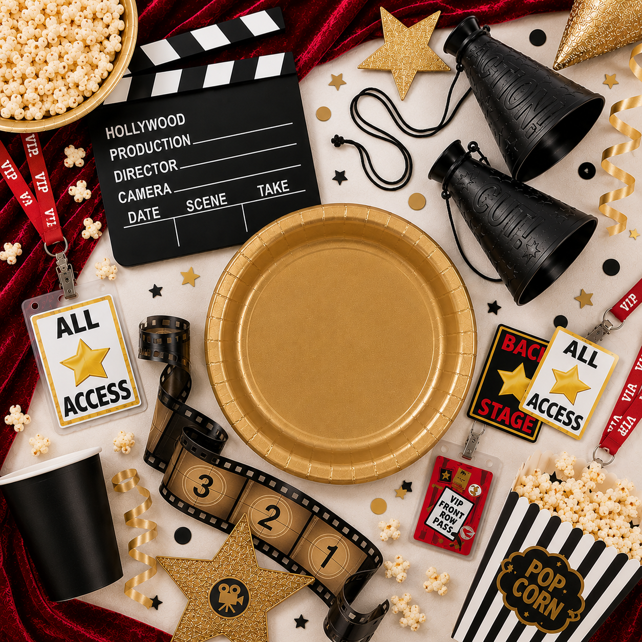 Hollywood party setup with gold plates, black cups, clapboard sign, VIP passes, director megaphones, film strip, popcorn, gold stars, confetti, and black-and-gold movie night decor.