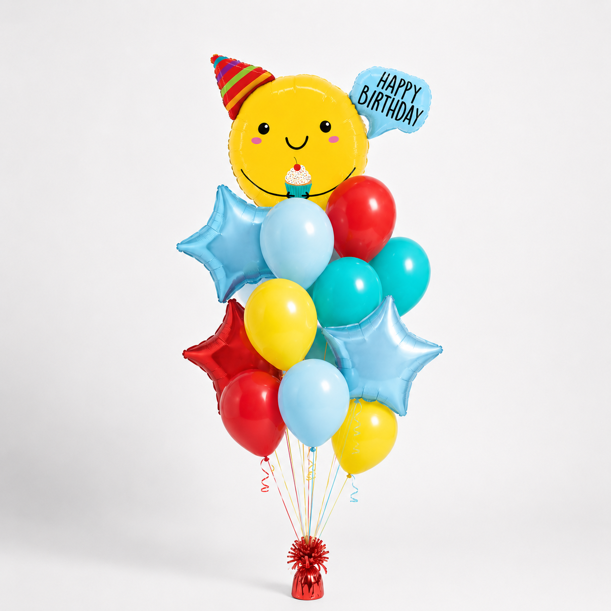 Balloon bouquet of hearts, red blue gold, and I love you balloon