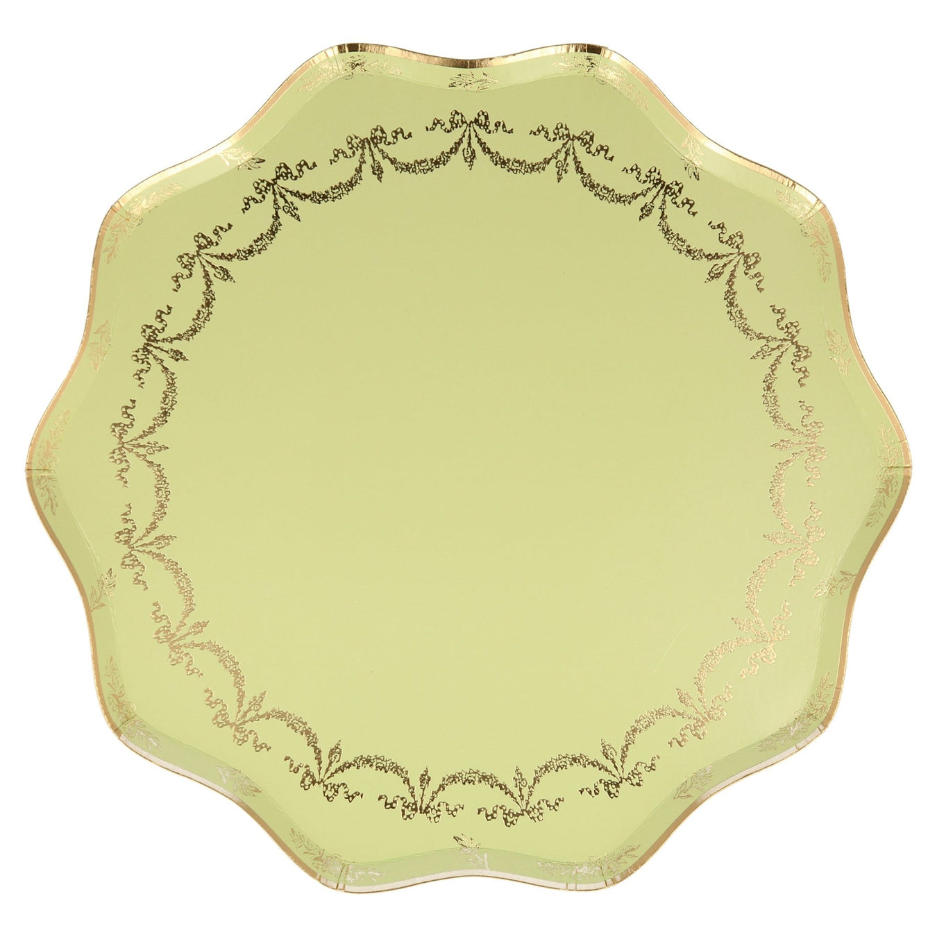 Gold Bow Scalloped Edge Dinner Plate with pale green background, gold bow garland details, gold trim, and scalloped edge on a white background.
