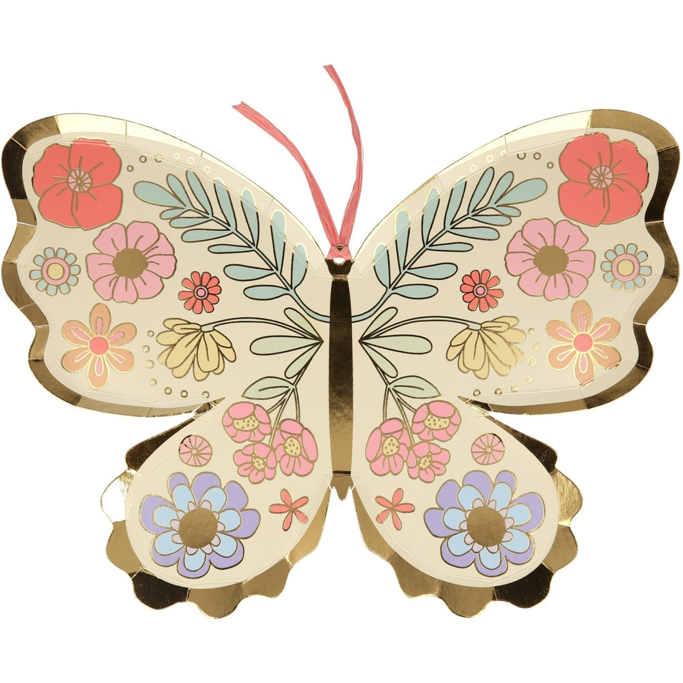 Floral Butterfly Plate shaped like a butterfly with colorful flower artwork, gold foil accents, scalloped wing edges, and pink antennae on a white background.