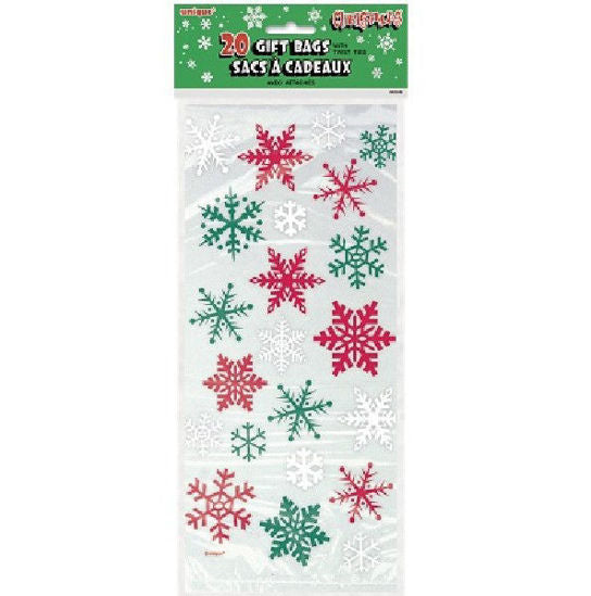 A 20 count package of Christmas Red And Green Snowflakes Cello Bags.