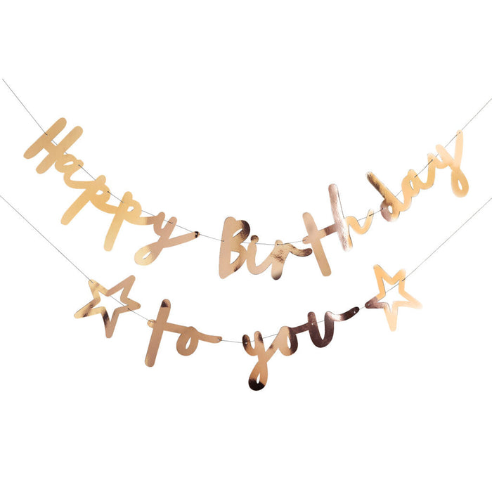 Gold 'Happy Birthday to you' banner with stars on a white background