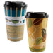 Two disposable paper cups with black lids displayed side by side, featuring blue vertical stripes on the left cup and a tan coffee bean pattern on the right cup.
