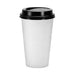 White 16 oz paper coffee cup with black plastic lid shown from front angle.