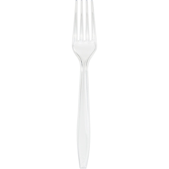 Clear plastic disposable fork with a transparent handle and four tines, shown on a white background.
