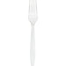 Clear plastic disposable fork with a transparent handle and four tines, shown on a white background.
