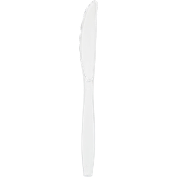 Clear plastic disposable knife with a transparent handle and serrated edge, shown on a white background.
