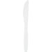 Clear plastic disposable knife with a transparent handle and serrated edge, shown on a white background.
